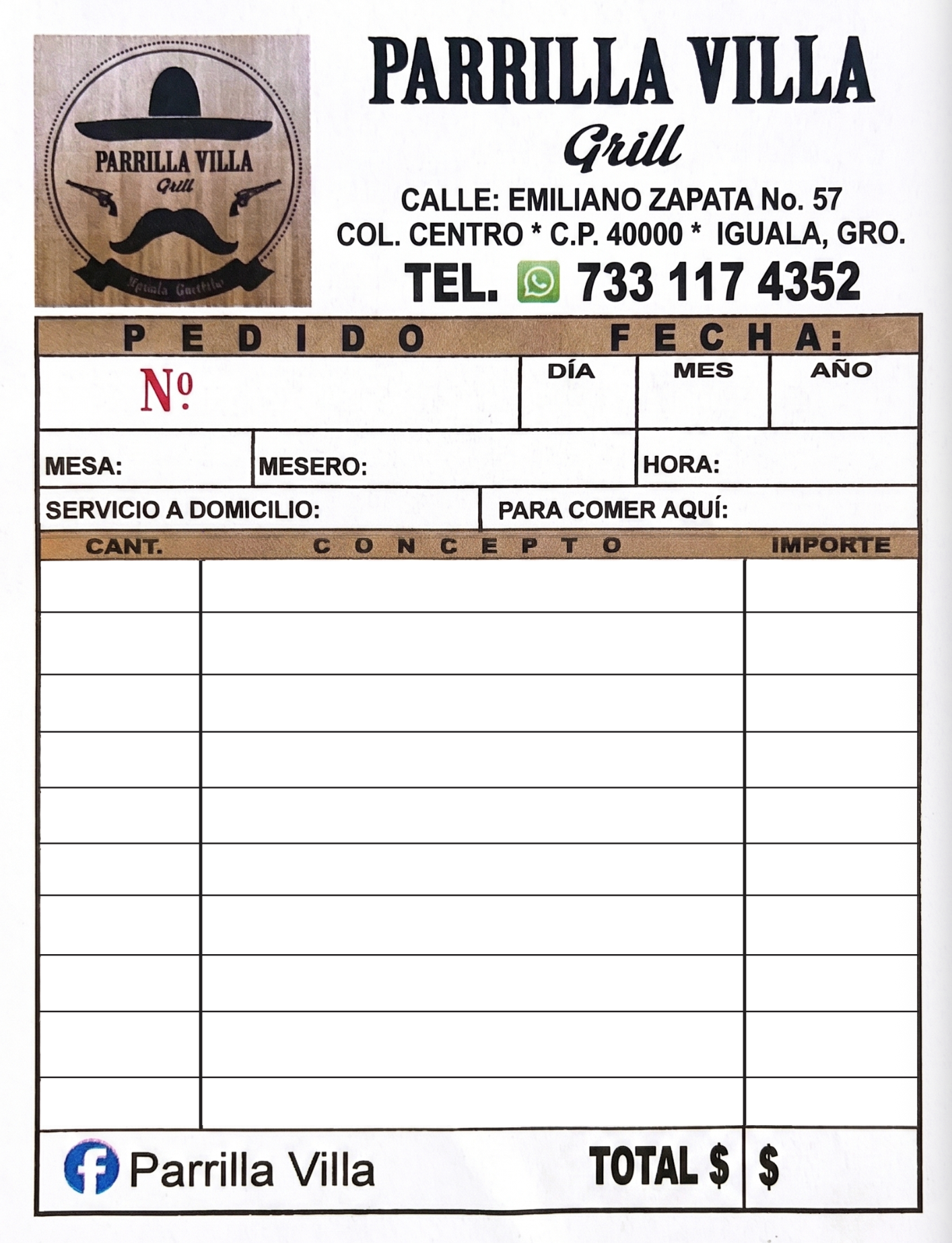 Block de Notas Parrilla Villa