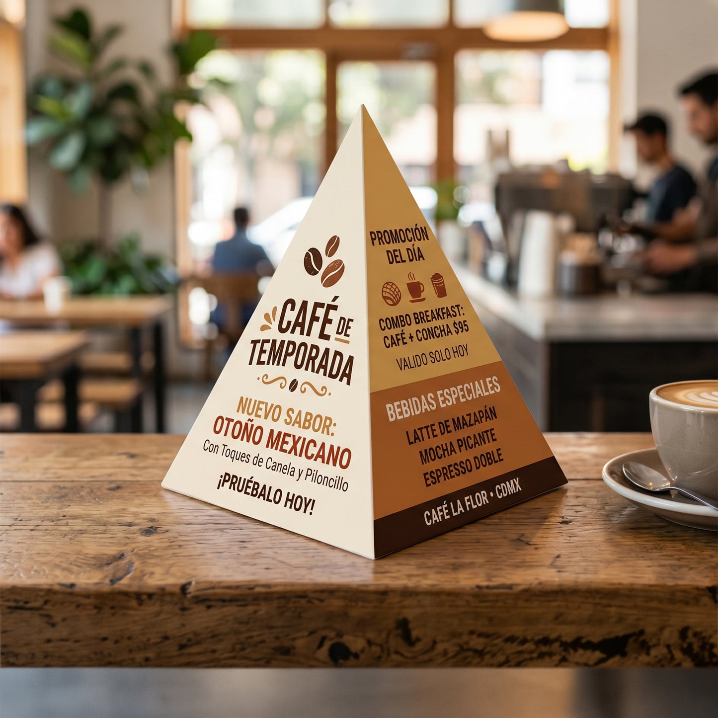 Display de mesa piramidal para cafetería con promoción — El 78 Centro Impresor