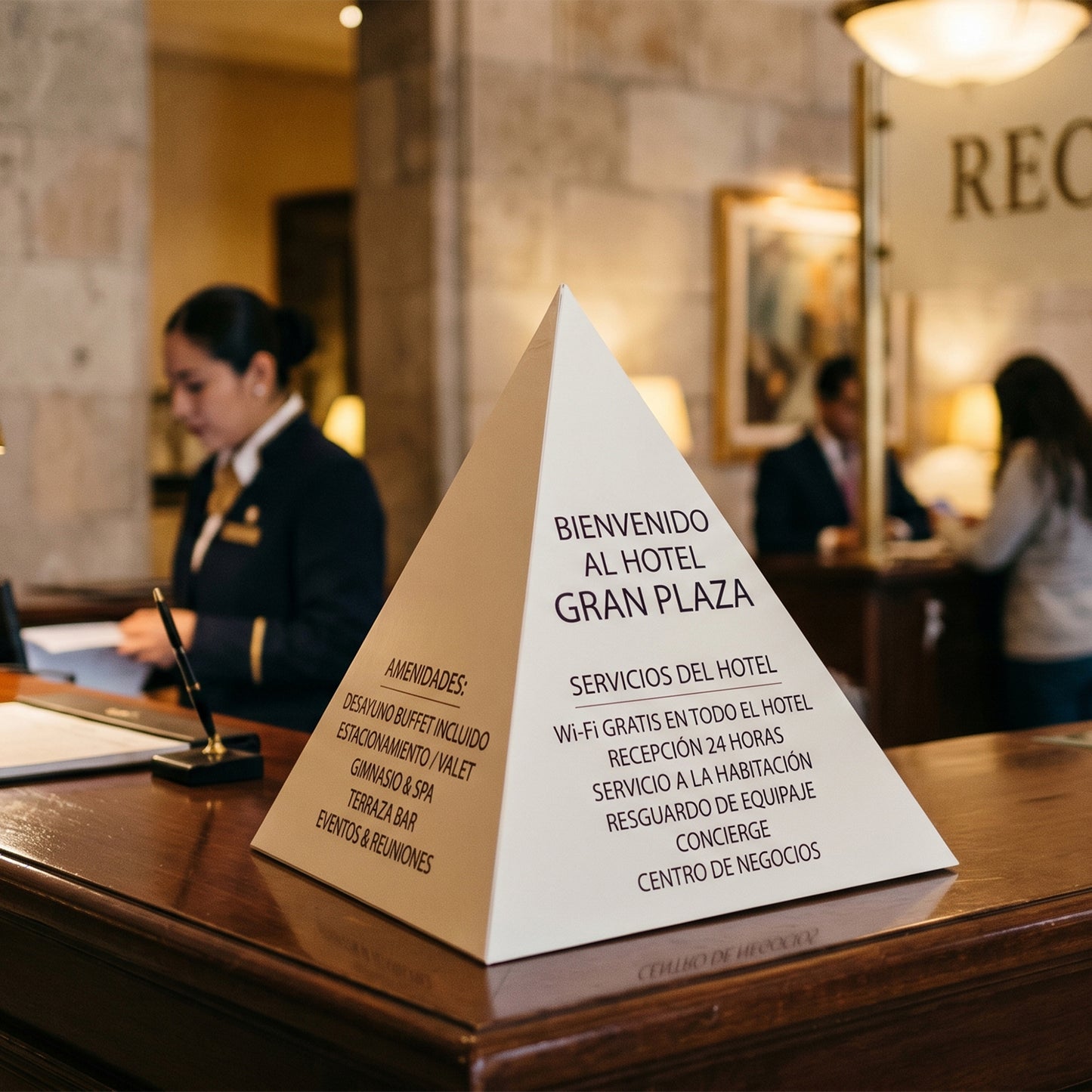 Display piramidal para recepción de hotel con servicios — El 78 Centro Impresor