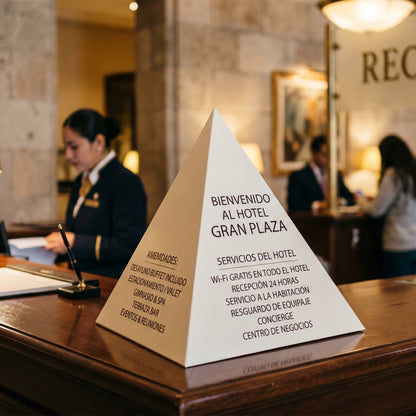 Display piramidal para recepción de hotel con servicios — El 78 Centro Impresor