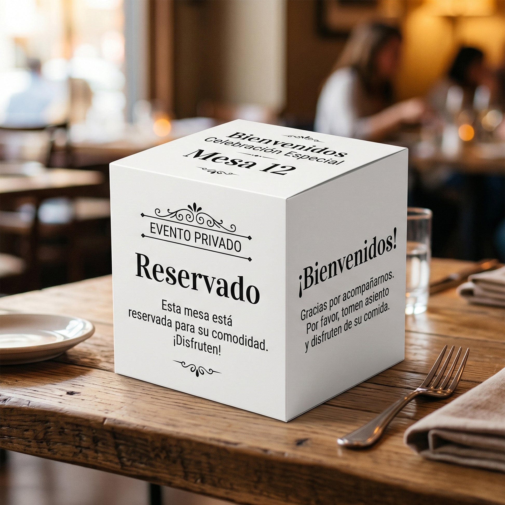 Display de mesa en cubo para restaurante con número de mesa — El 78 Centro Impresor