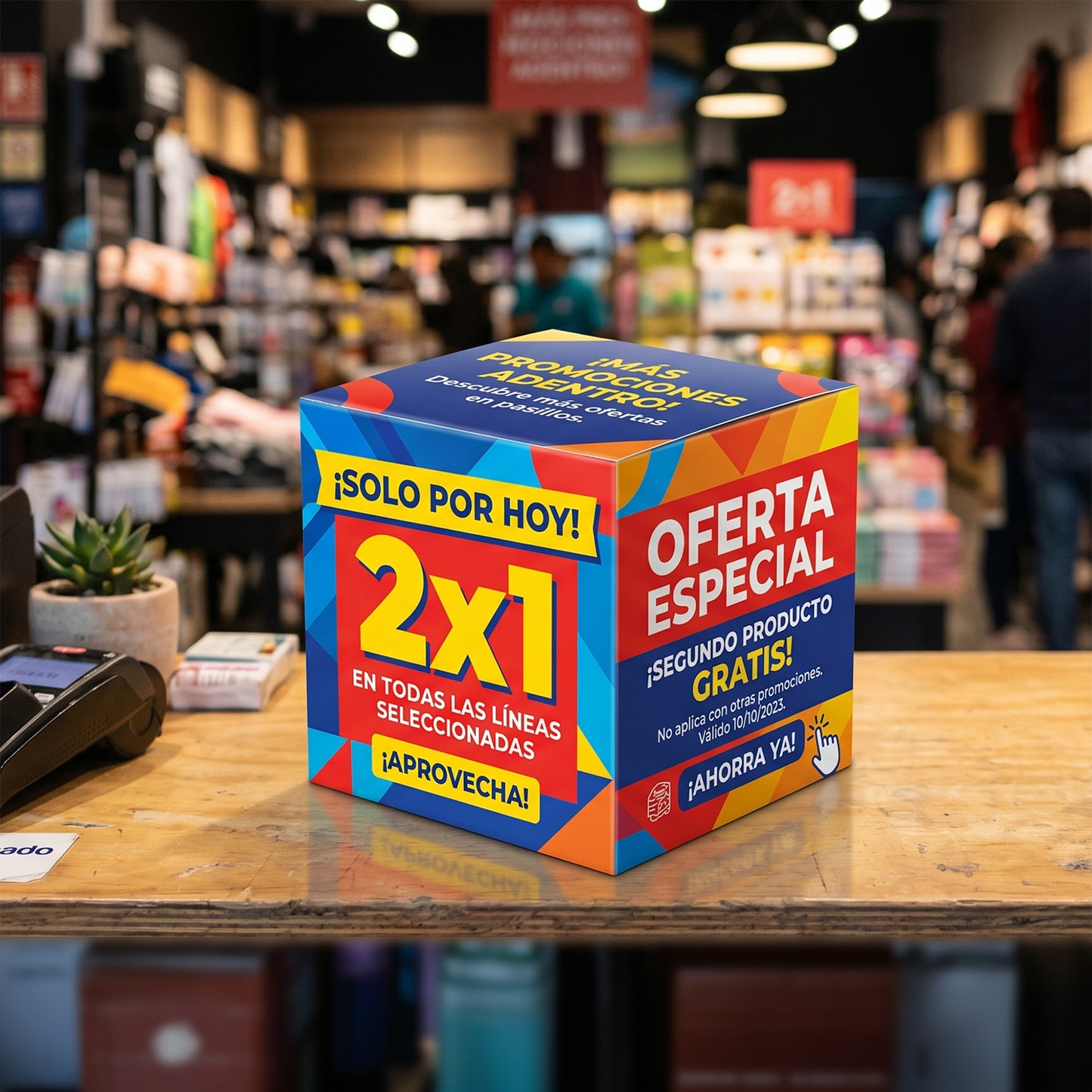 Display de mesa en cubo para tienda con promoción impresa — El 78 Centro Impresor
