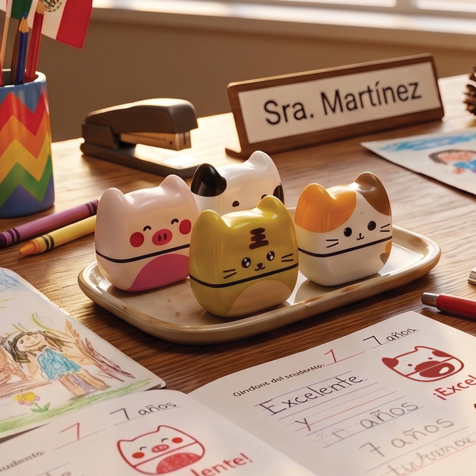 Sellos flash La Granja en escritorio de maestra — para calificar y marcar útiles escolares — EL78 CDMX
