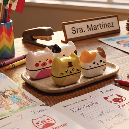 Sellos flash La Granja en escritorio de maestra — para calificar y marcar útiles escolares — EL78 CDMX