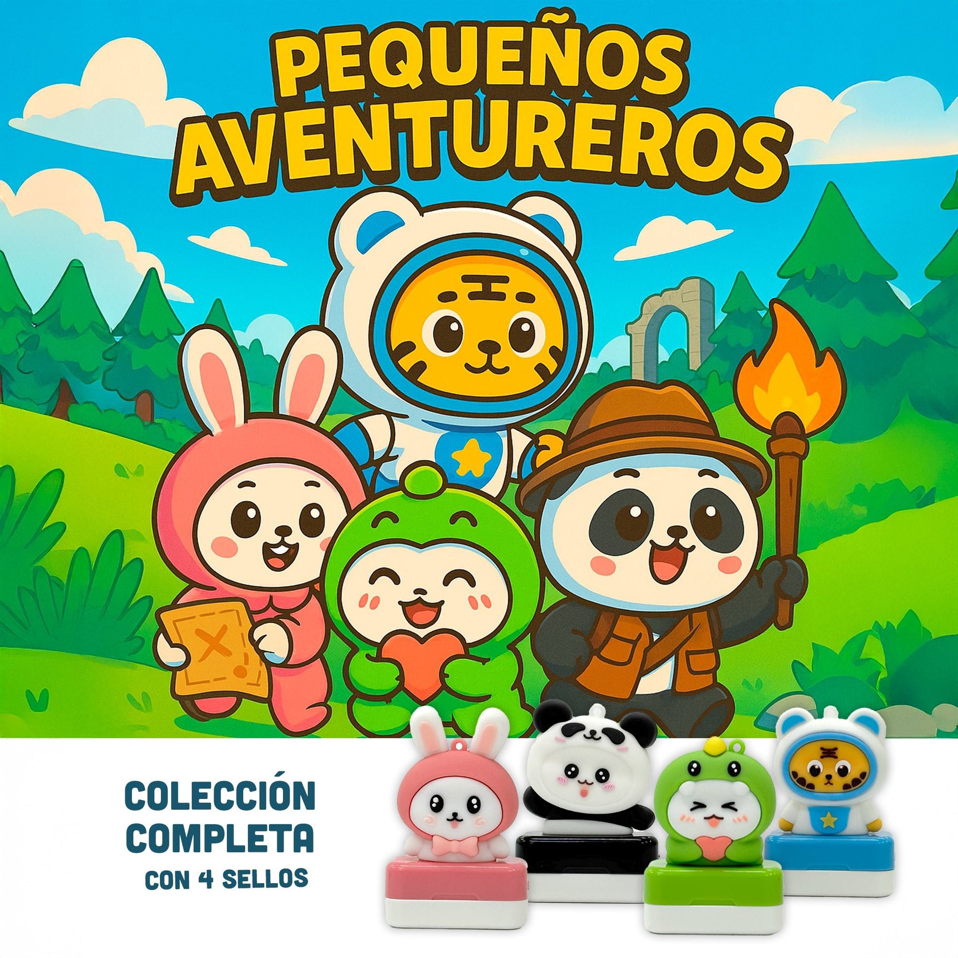 Coleccion completa Pequeños Aventureros EL78, 4 sellos flash infantiles personalizados