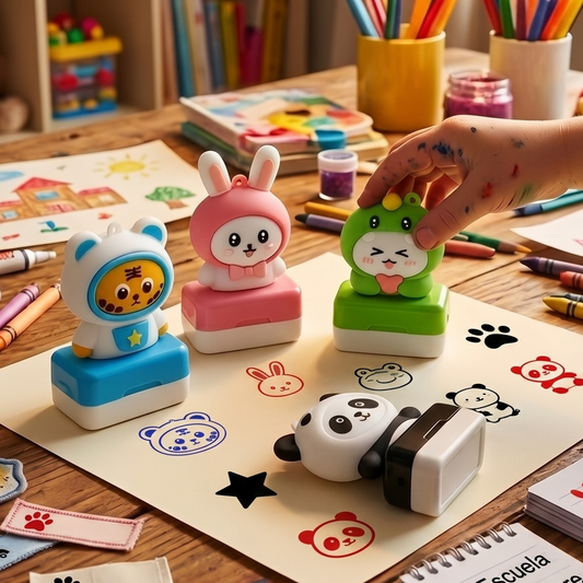 Niño jugando con sellos flash Pequeños Aventureros — sellos infantiles personalizados para útiles escolares — EL78 CDMX