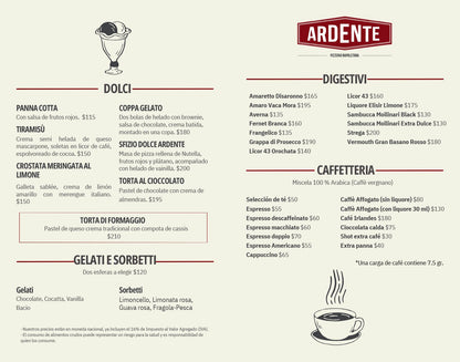 Menús personalizados Ardente Julio 2025 - El 78 Centro Impresor